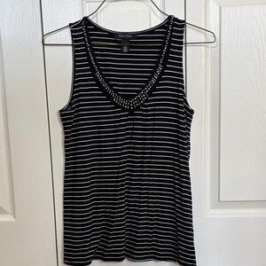 White House Black Market Black & White Striped Beaded V-Neck Tank